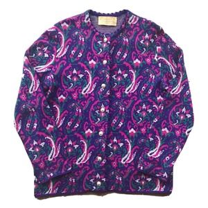 Catalina Jacquard Cardigan Vintage Sz 38 Small Knit Pink Purple Art Deco 50s 60s